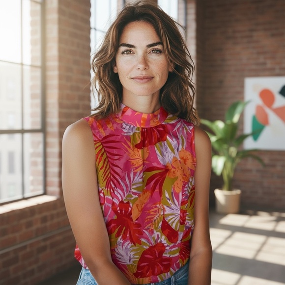 Emily Wonder Tops - Emily Wonder Tropical Tie-Neck Sleeveless Blouse Women’s Size medium